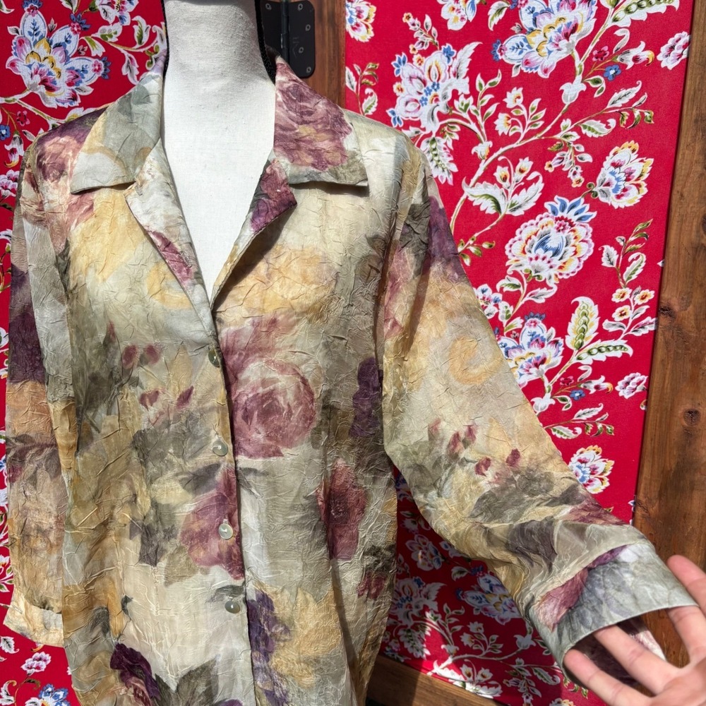 Vintage 90s Crinkle Chiffon Floral Ethereal Whimsigoth Oversize Button Up Blouse - Picture 11 of 15